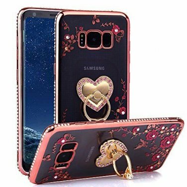 For Galaxy S8 Plus Case Glitter Crystal Heart Floral Slim Luxury Ring Rose Gold