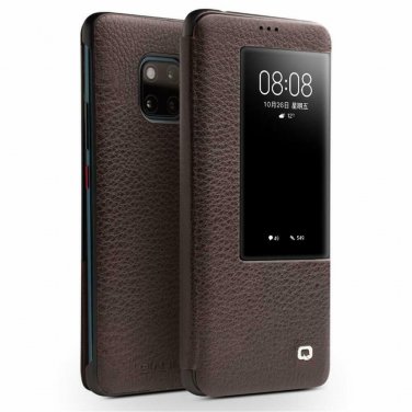 For Huawei Mate 20 Pro Case Slim Folio Genuine Leather with Window  Dark Brown