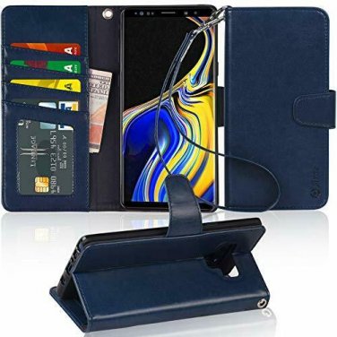 For Galaxy Note 9 Case PU Leather Wallet Wrist Strap 4Slots ID&Credit Card Blue