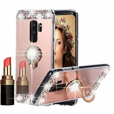 for Samsung Galaxy S9 Plus Case Mirror Glitter Diamond Crystal Ring Holder Pink