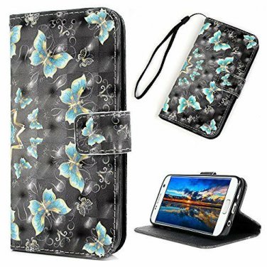 For Samsung Galaxy S7 Case Wallet Leather Credit Card ID Holders Black Butterfly