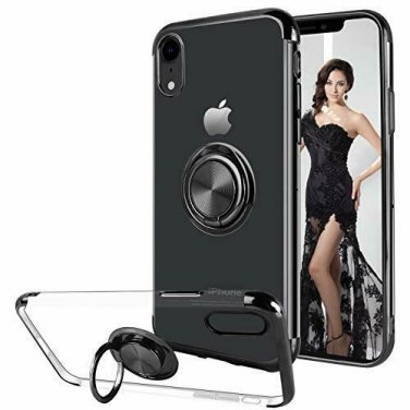 For iPhone XR Case Built-in 360 Rotatable Ring Kickstand Transparent TPU Black