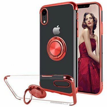 For iPhone XR Case Built-in 360 Rotatable Ring Kickstand Transparent TPU Red
