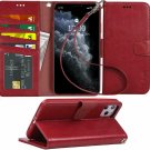 For iPhone 11 Pro Max PU Leather Wallet Cover Stand Feature Cred Cards Wine Red