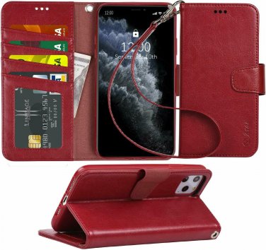 For iPhone 11 Pro Max PU Leather Wallet Cover Stand Feature Cred Cards Wine Red