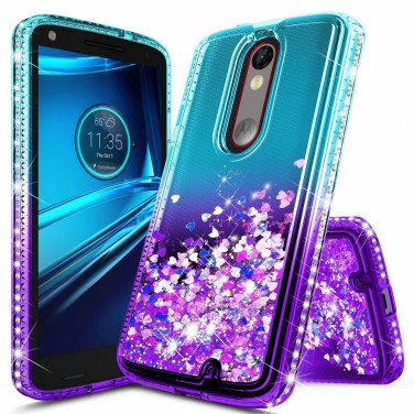 Droid Turbo 2 Case Glitter Liquid Quicksand Waterfall Flowing Aqua/Purple