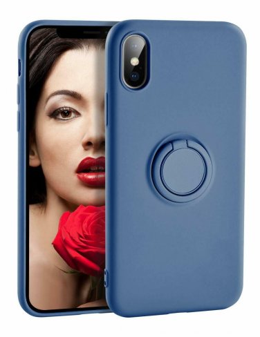iPhone X/Xs Case Liquid Silicone with Ring Holder Kickstand Soft Slim Blue