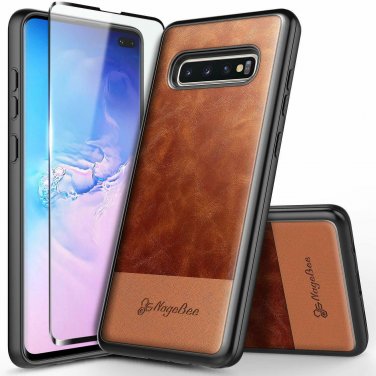 Galaxy S10 Case Cowhide Leather Duty Armor Shockproof Dual Layer Hybrid Brown