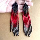 Very Long Seed Beaded Fringe Earrings for Women, Black and Red Long Fringe Earrings