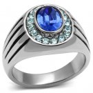 TK601 - High polished (no plating) Stainless Steel Ring with Top Grade Crystal in Sapphire