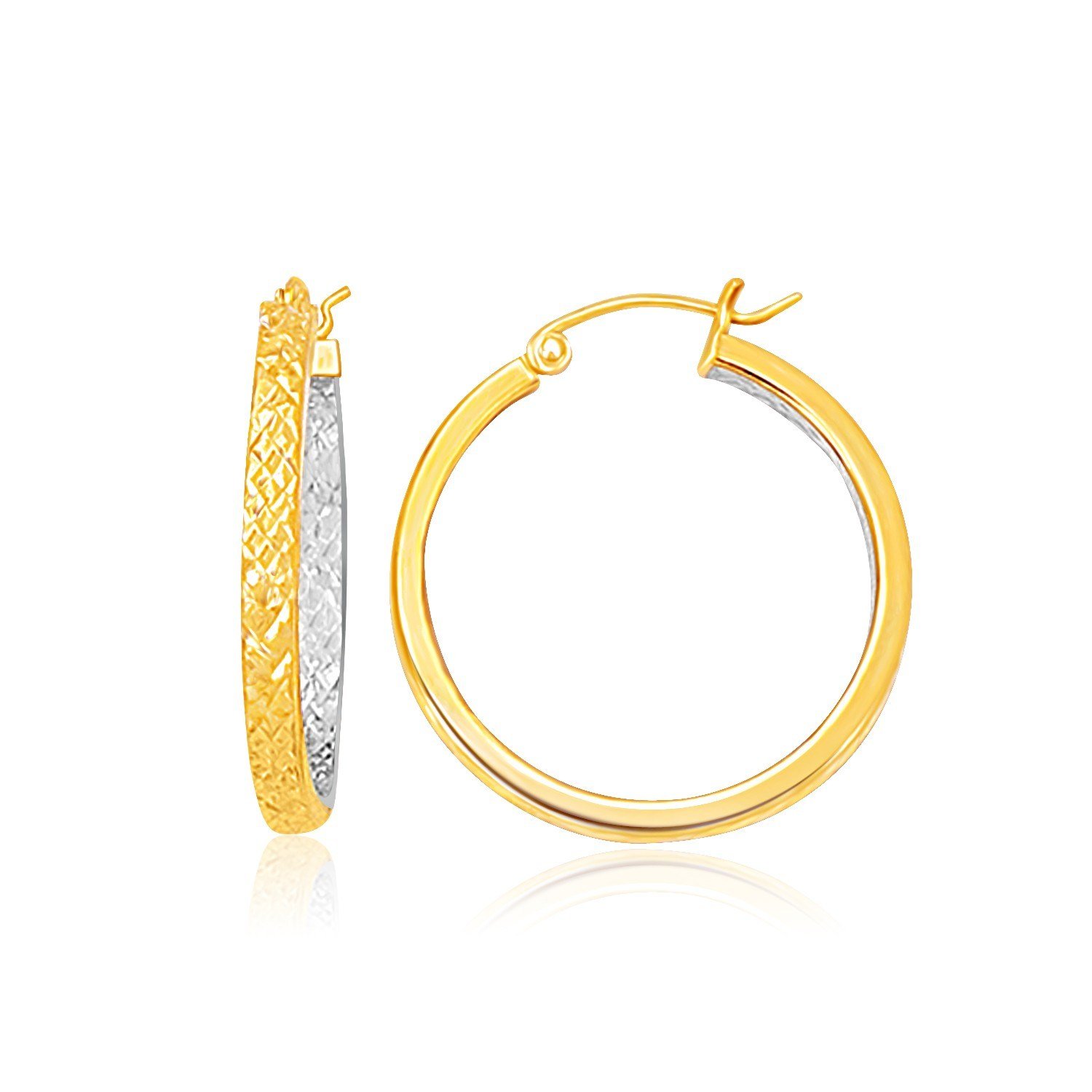 Two-Tone Yellow and White Gold Medium Patterned Hoop Earrings Two-Tone Gold