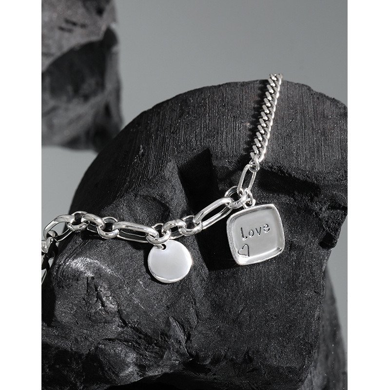 Vintage Asymmetry Curb Figaro Chain Love Drop 925 Sterling Silver Bracelet Vintage