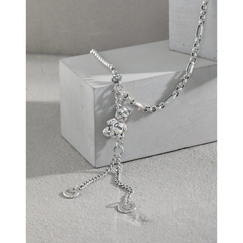 Vintage Bear Luck Dangle Beads Paperclip Chain 925 Sterling Silver Necklace Vintage