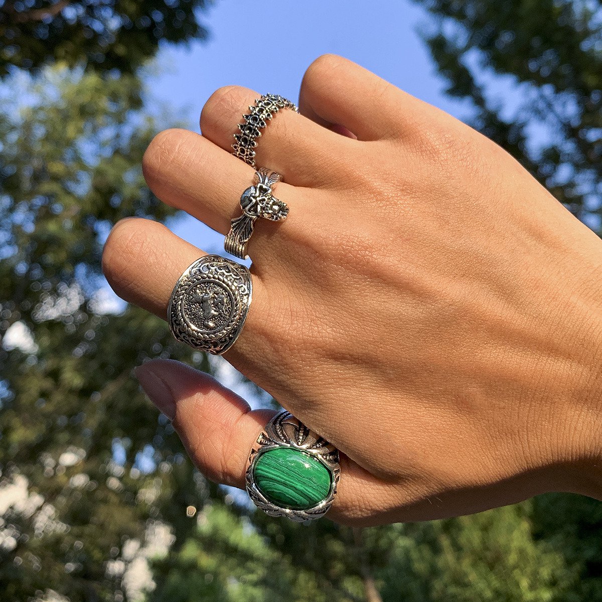 Vintage Inlaid Imitation Malachite Ring Skull Design Four-piece Men's Ring ancient silver