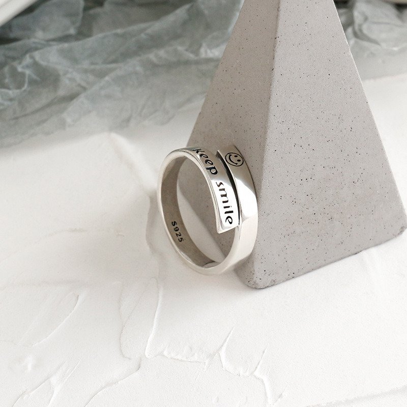 Vintage Keep Smile Letters 925 Sterling Silver Adjustable Ring Rhodium
