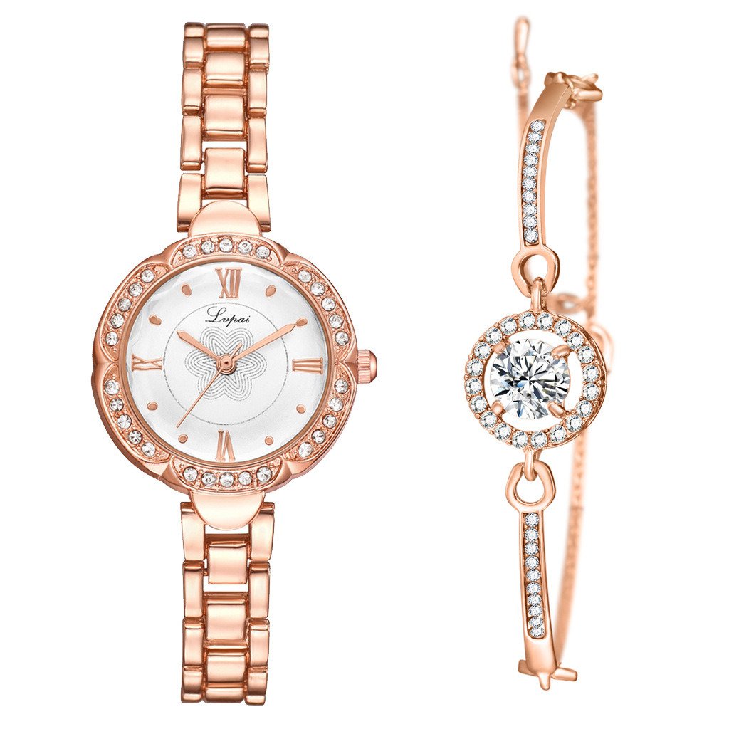 Vintage Ladies Diamond Dial Exquisite Watch Bracelet Set Rose Gold Black Watch + Rose Gold Bracelet