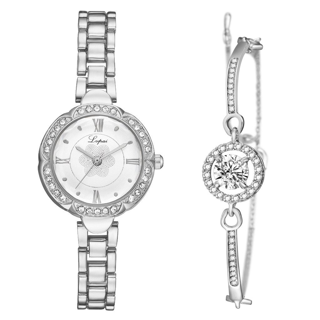 Vintage Ladies Diamond Dial Exquisite Watch Bracelet Set Rose Gold White Watch + Rose Gold Bracelet