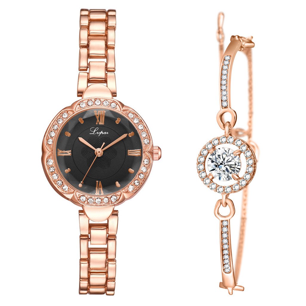 Vintage Ladies Diamond Dial Exquisite Watch Bracelet Set Silver Black Watch + Silver Bracelet