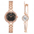 Vintage Ladies Diamond Dial Exquisite Watch Bracelet Set Silver Black Watch + Silver Bracelet