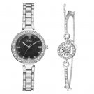 Vintage Ladies Diamond Dial Exquisite Watch Bracelet Set Silver Watch + Silver Bracelet