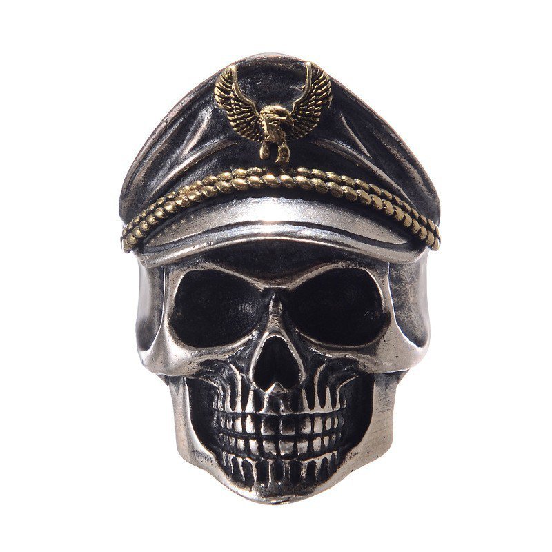 Vintage men's ring open undead army captain Vulkan double eagle skull officer ring antique silver