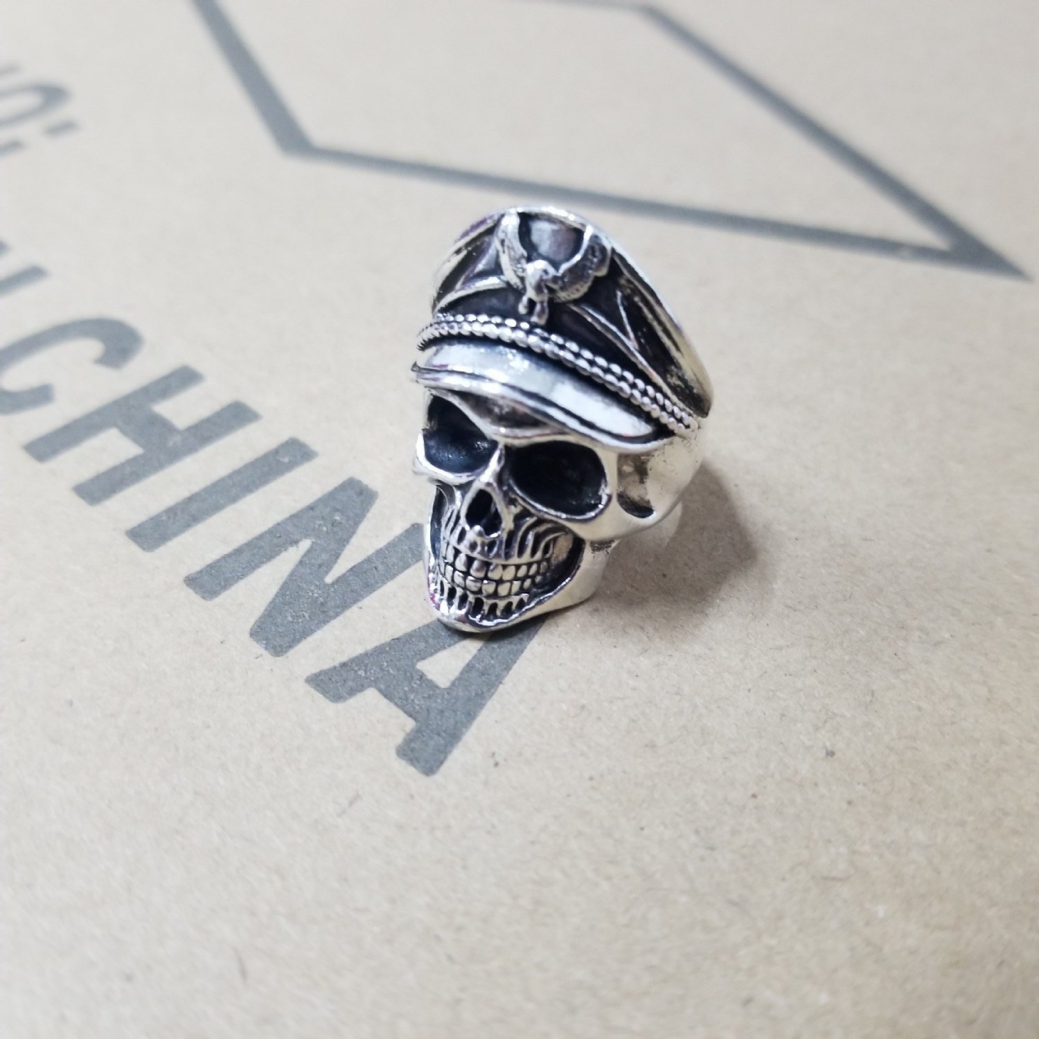 Vintage men's ring open undead army captain Vulkan double eagle skull officer ring two-color