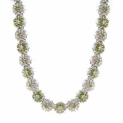 Vintage-Inspired Olive Green CZ and Champagne CZ Floral Silver Necklace N4497CHOL