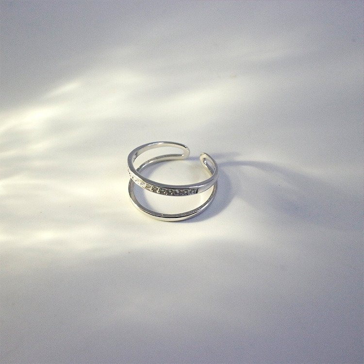 Women Double Layer CZ Lines 925 Sterling Silver Adjustable Ring Rhodium