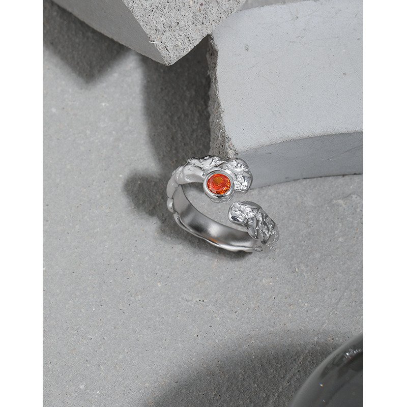 Women Red Round CZ Irregular 925 Sterling Silver Adjustable Ring Rhodium