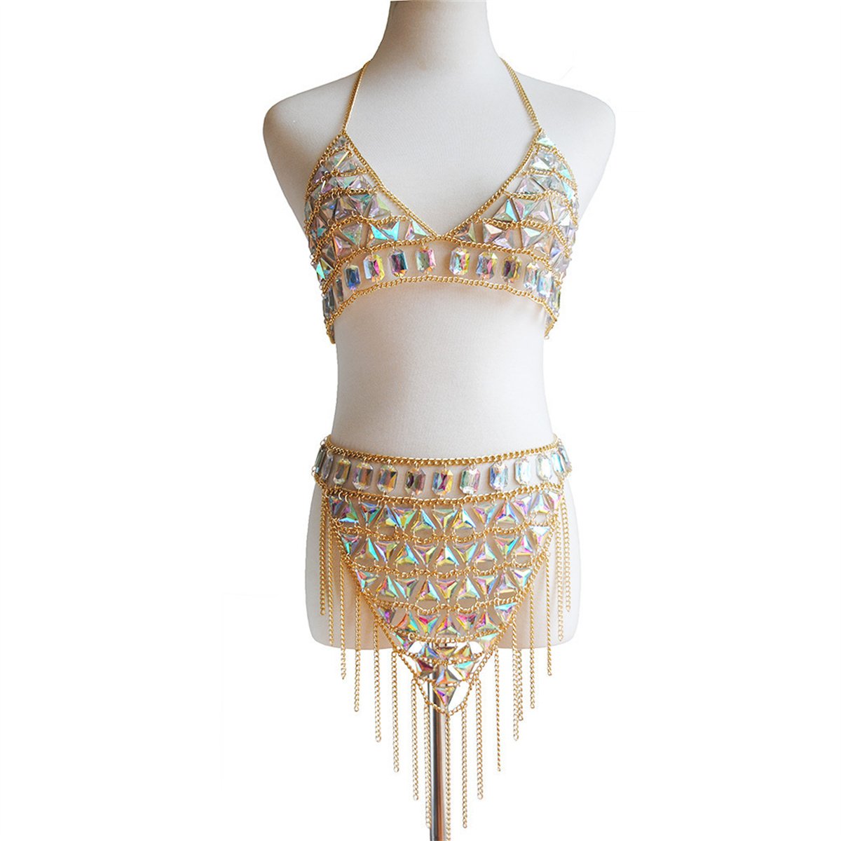 Women Sexy Colorblock Backless Bra Chain + Waist Chain Set Body Chain Silver