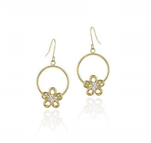 10K Gold Circle & CZ Flower Dangle Earrings ESG11699