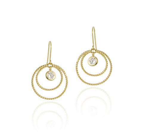 10K Gold CZ & Double Circles Dangle Earrings ESG11711
