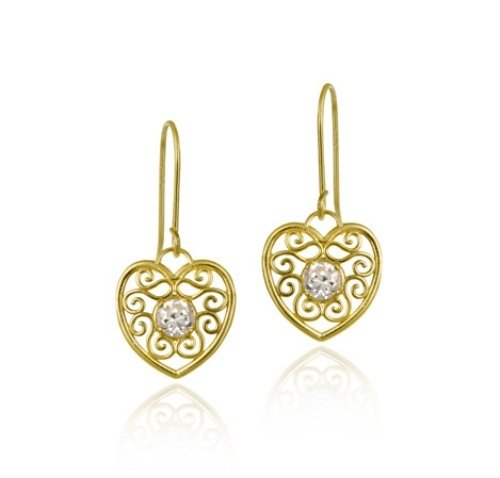 10K Gold CZ & Filigree Heart Dangle Earrings ESG11707