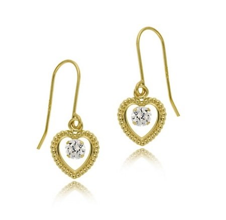 14k Gold CZ Heart Dangle Earrings ESG11223