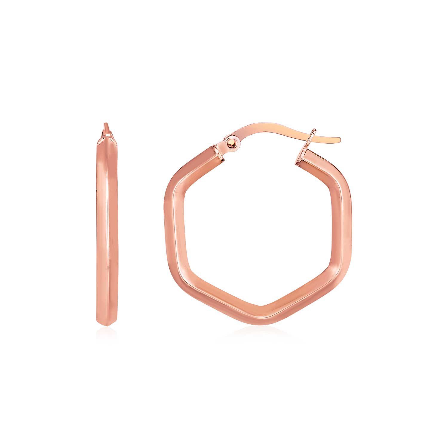 14k Rose Gold Shiny Hexagon Hoop Earrings Rose Gold