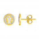 14k Two Tone Gold Round Religious Medal Post Earrings Two-Tone Gold