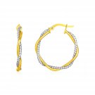 14k Yellow and White Gold Two Part Textured Twisted Round Hoop Earrings Two-Tone Gold
