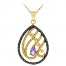 18K Gold over Sterling Silver Amethyst & Black Diamond Accent Teardrop Pendant PG12052A