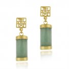 18K Gold over Sterling Silver and Green Chinese Jade 'Longevity' Dangle Earrings EG10946JD