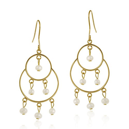 18K Gold over Sterling Silver Freshwater Cultured White Pearl Circle Chandelier Earrings EG11757FPL
