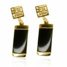 18K Gold over Sterling Silver Onyx Chinese Motif Dangle Earrings EG2925O