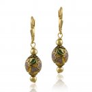 18K Gold over Sterling Silver Teal Cloisonne Oval Bead Dangle Earrings EG12266M