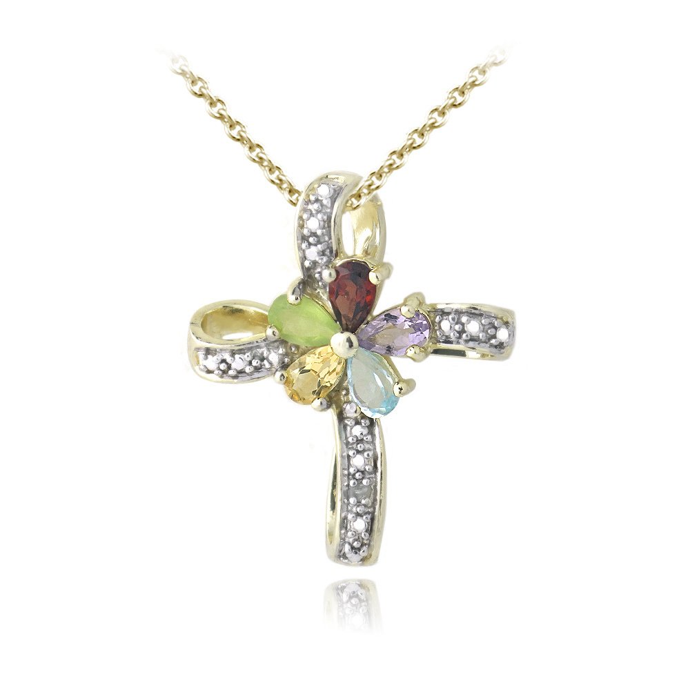 18K Gold Plated Multi Gemstone & Diamond Accent Flower Cross Necklace PGBR13364M