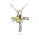 18K Gold Plated Multi Gemstone & Diamond Accent Flower Cross Necklace PGBR13364M