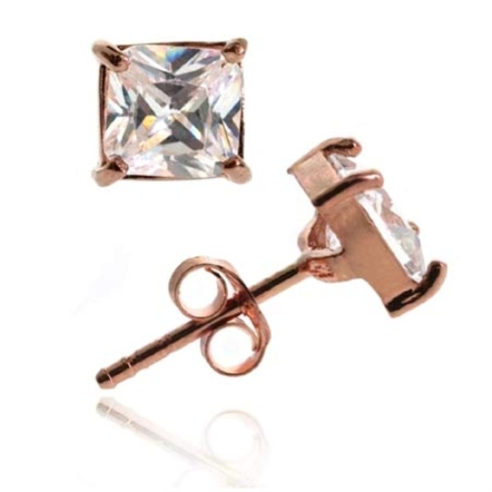 18K Rose Gold over Sterling Silver CZ Square Stud Earrings, 6mm ERG10092