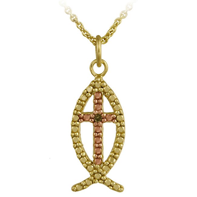 18k Two-tone Rose Gold over Silver Champagne Diamond Accent Novelty Religious Fish Pendant PG12091M6