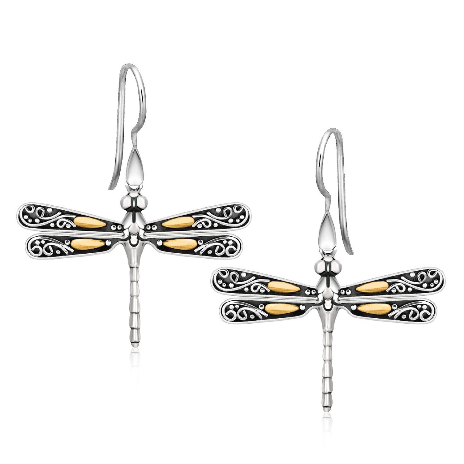 18k Yellow Gold and Sterling Silver Dragonfly Motif Drop Earrings D111402