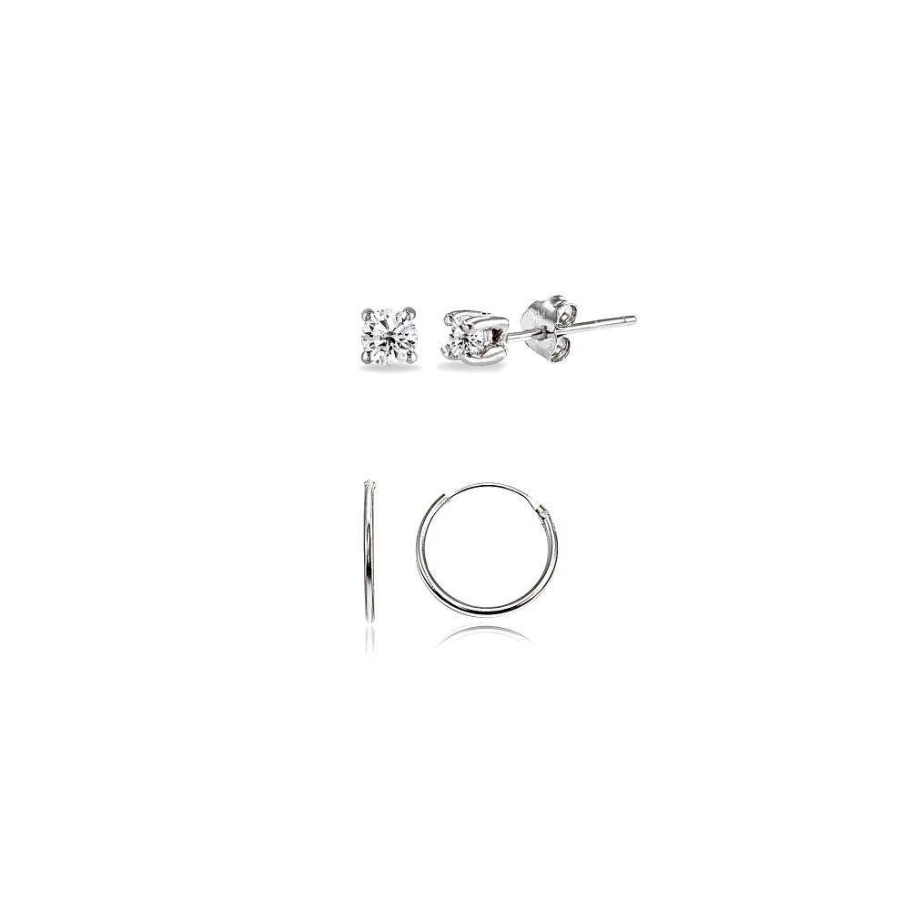 2 Pr 925 Silver Unisex 10mm Small Endless Hoops & Round 2mm CZ Stud Earrings Set S15880