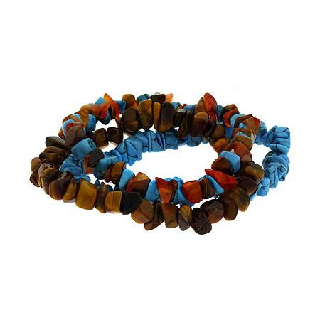3 Genuine Carnelian, Tiger Eye & Reconstituted Turquoise Multi Chip Bracelet Set S9819