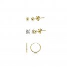 3 Pr Gold Flash Silver 10mm Endless Hoops, Round 2mm CZ & Bead Stud Earrings Set SG15878